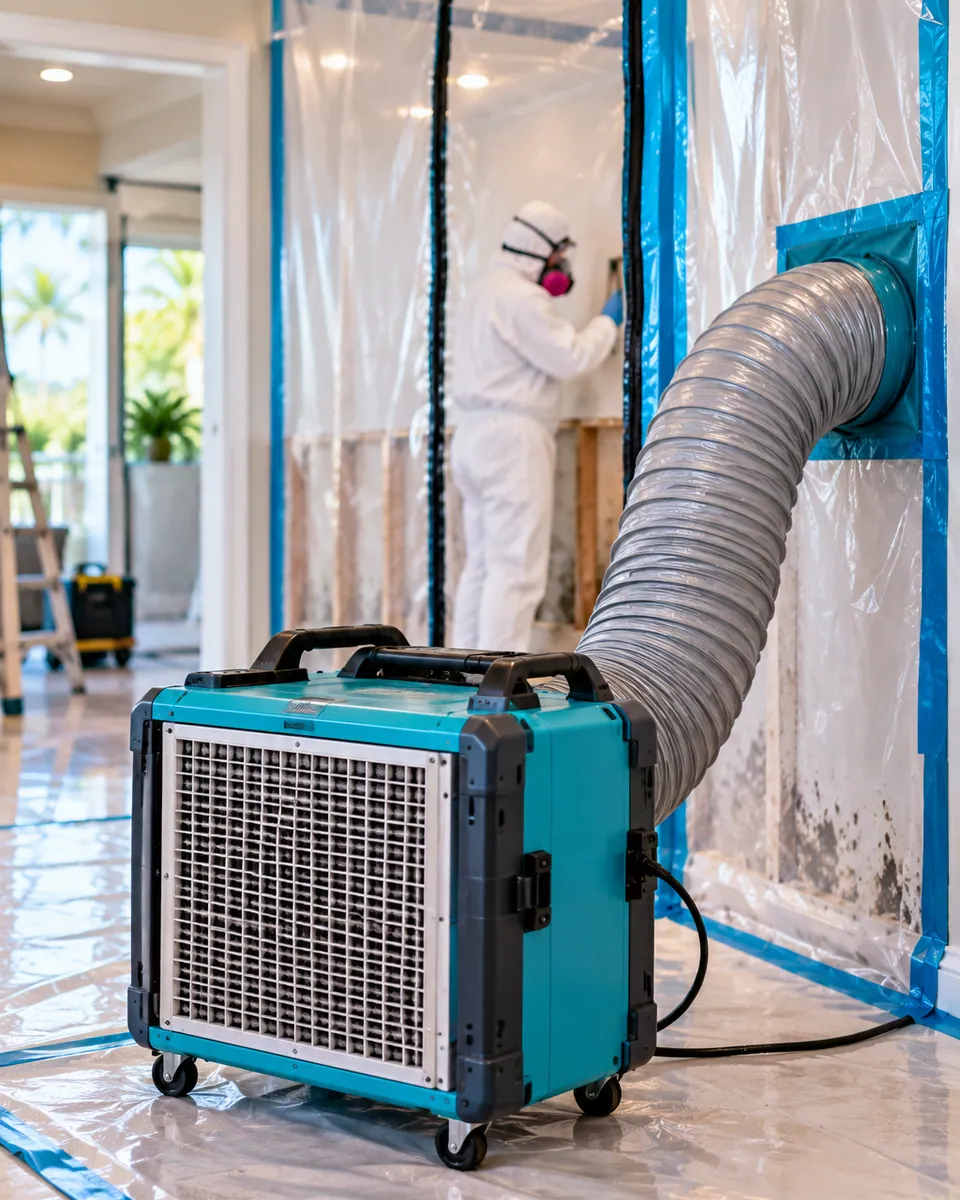 HEPA air scrubber and poly containment set up for mold remediation in Palm Beach County